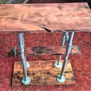 Wood table, burnt and stained, galvanized.